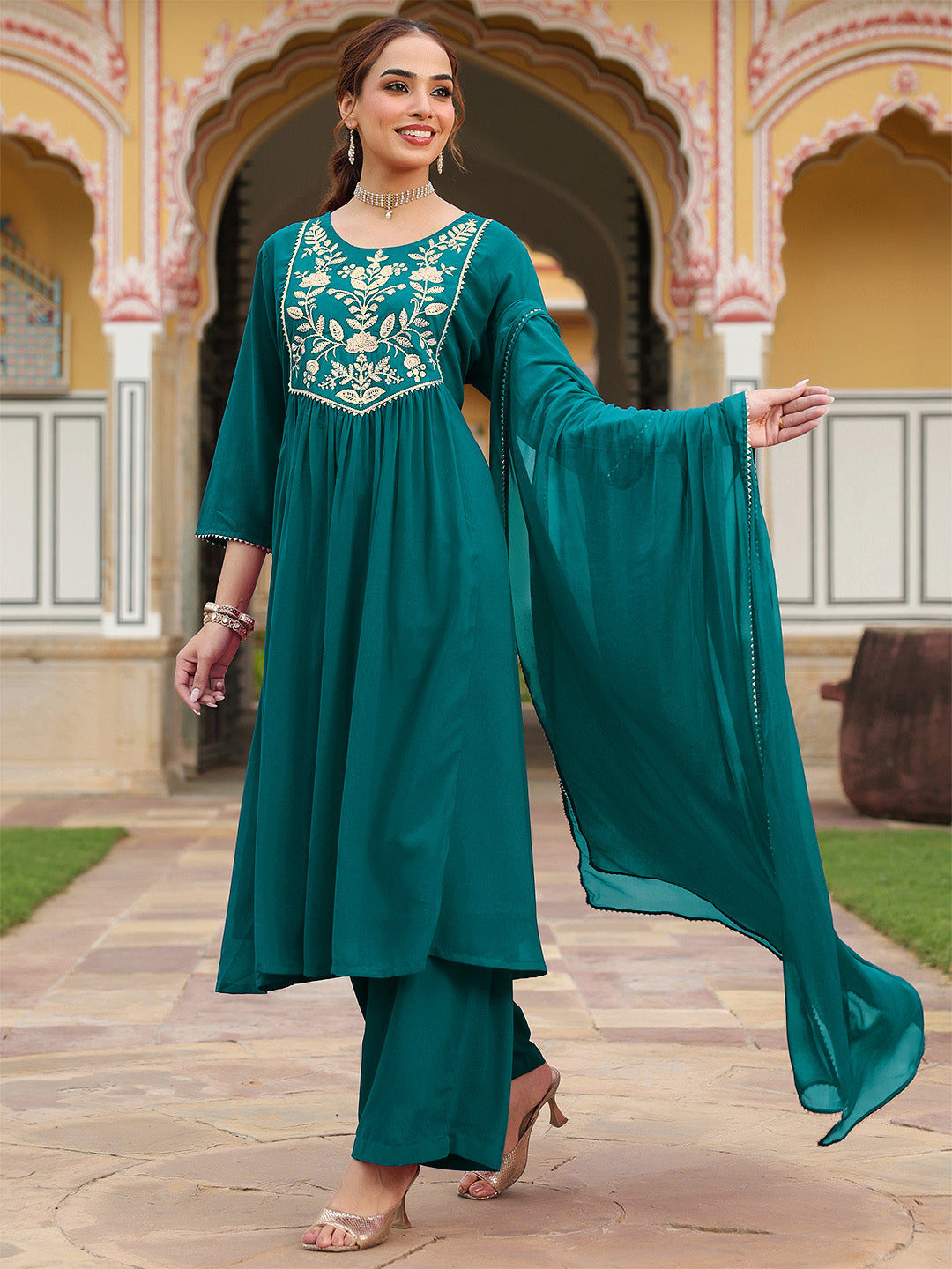 Ninnique Women's Teal Green Georgette Embroidered A-line Kurta With Palazzo Dupatta Set