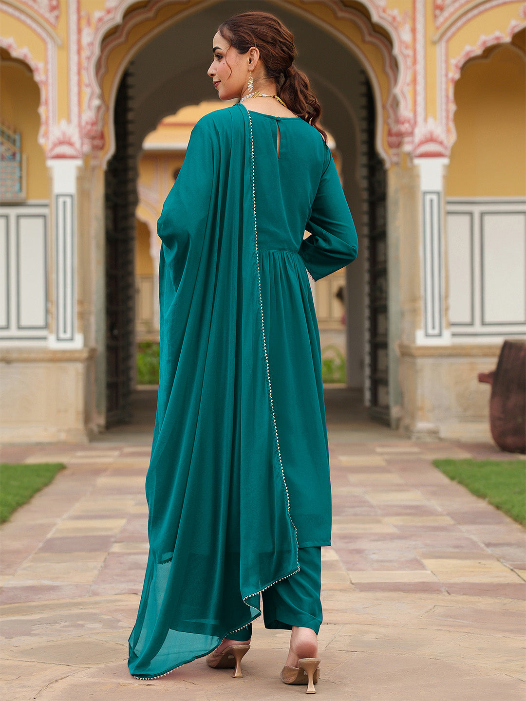 Ninnique Women's Teal Green Georgette Embroidered A-line Kurta With Palazzo Dupatta Set