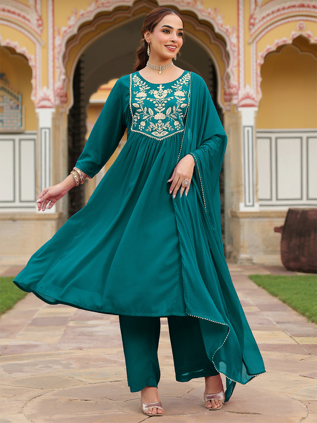 Ninnique Women's Teal Green Georgette Embroidered A-line Kurta With Palazzo Dupatta Set
