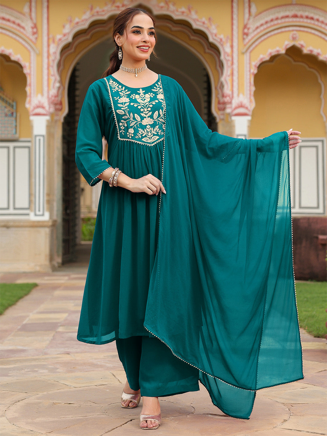 Ninnique Women's Teal Green Georgette Embroidered A-line Kurta With Palazzo Dupatta Set
