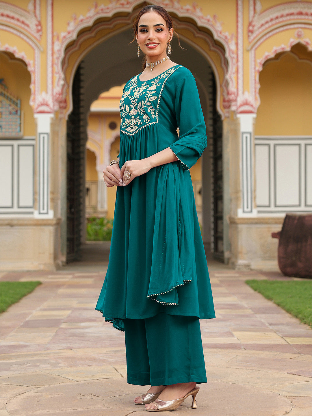 Ninnique Women's Teal Green Georgette Embroidered A-line Kurta With Palazzo Dupatta Set