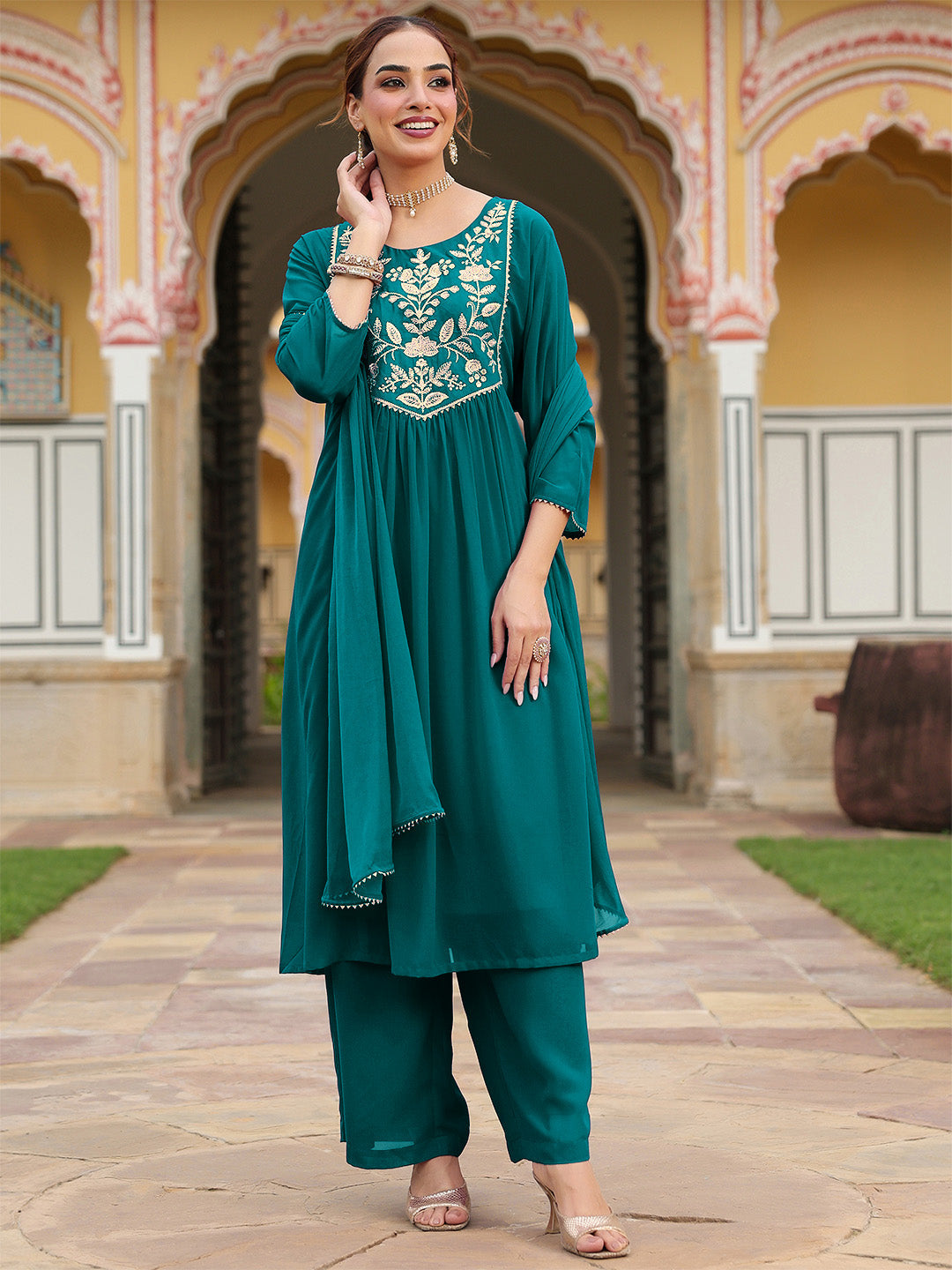 Ninnique Women's Teal Green Georgette Embroidered A-line Kurta With Palazzo Dupatta Set
