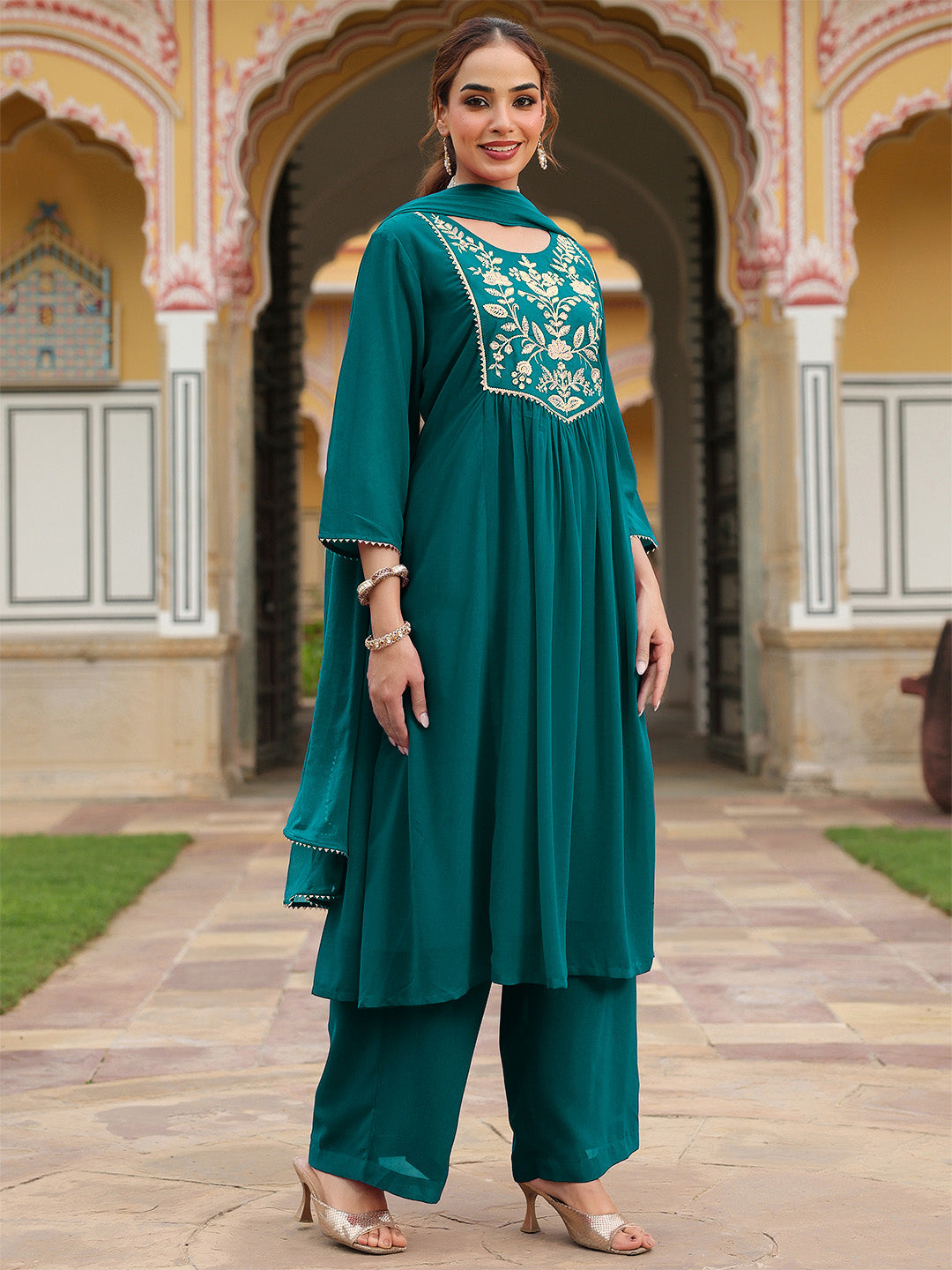 Ninnique Women's Teal Green Georgette Embroidered A-line Kurta With Palazzo Dupatta Set