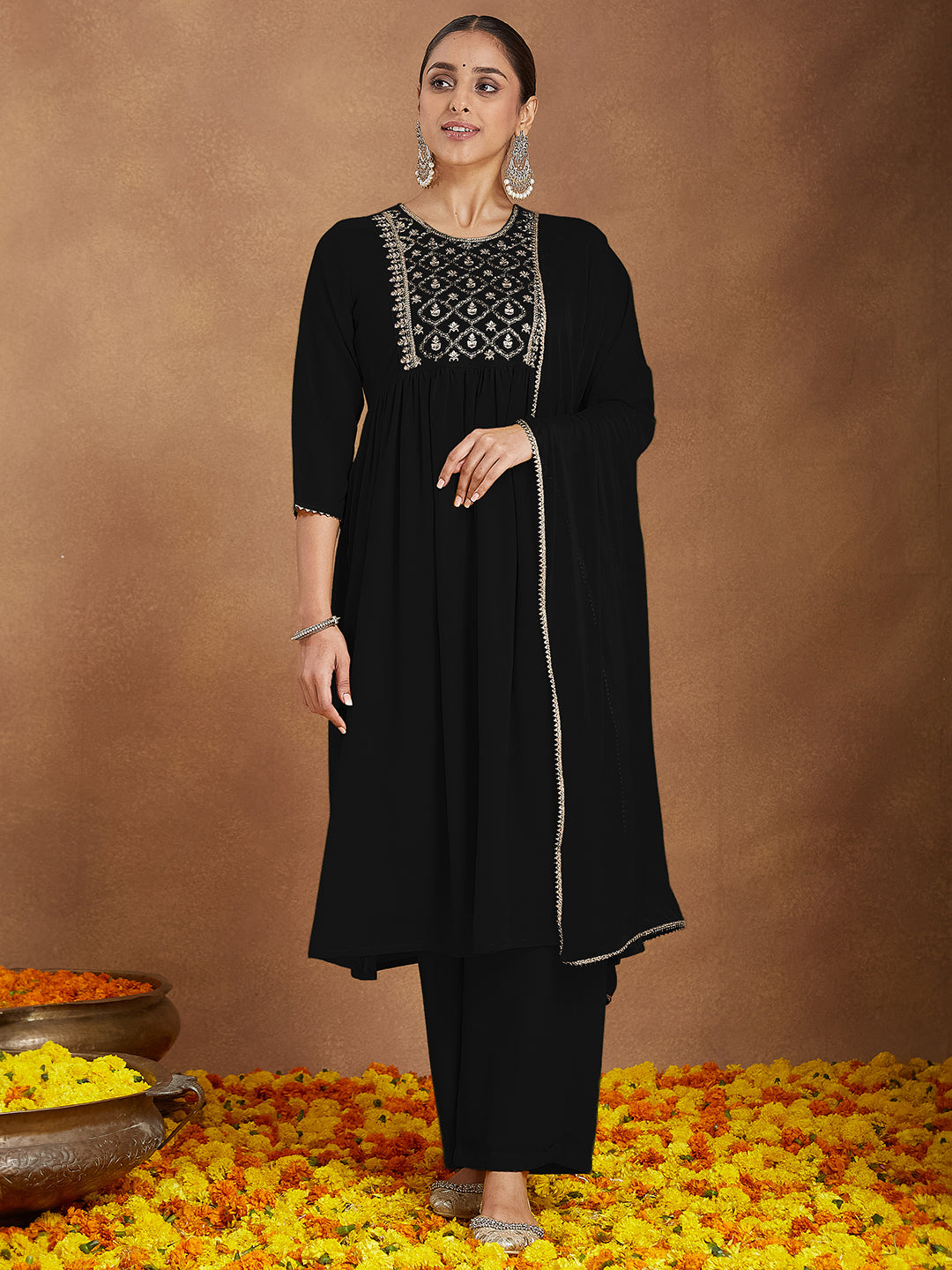 Ninnique Women's Black Georgette Zari Yoke Embroidered A-line Kurta With Palazzo & Dupatta Set