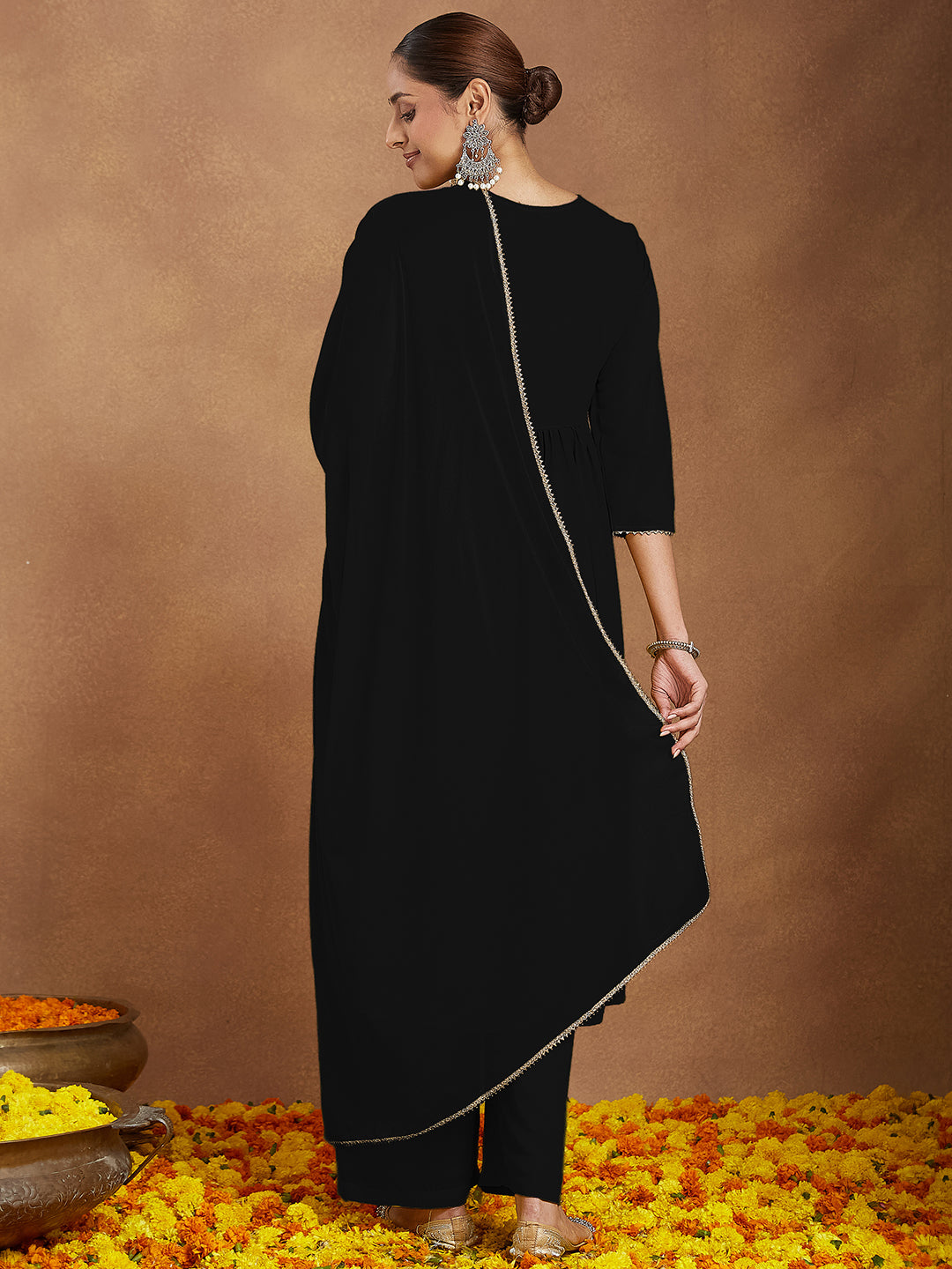 Ninnique Women's Black Georgette Zari Yoke Embroidered A-line Kurta With Palazzo & Dupatta Set
