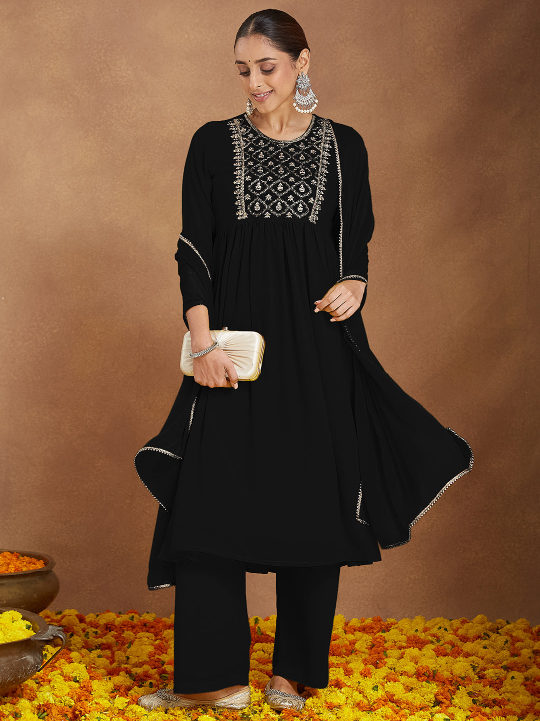 Ninnique Women's Black Georgette Zari Yoke Embroidered A-line Kurta With Palazzo & Dupatta Set