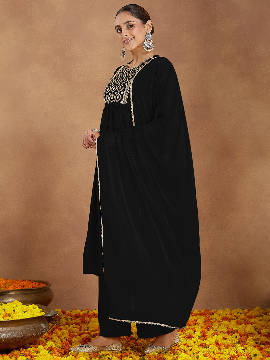 Ninnique Women's Black Georgette Zari Yoke Embroidered A-line Kurta With Palazzo & Dupatta Set