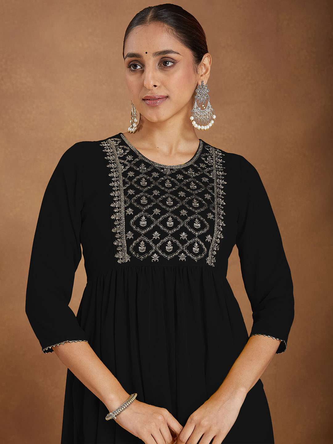 Ninnique Women's Black Georgette Zari Yoke Embroidered A-line Kurta With Palazzo & Dupatta Set