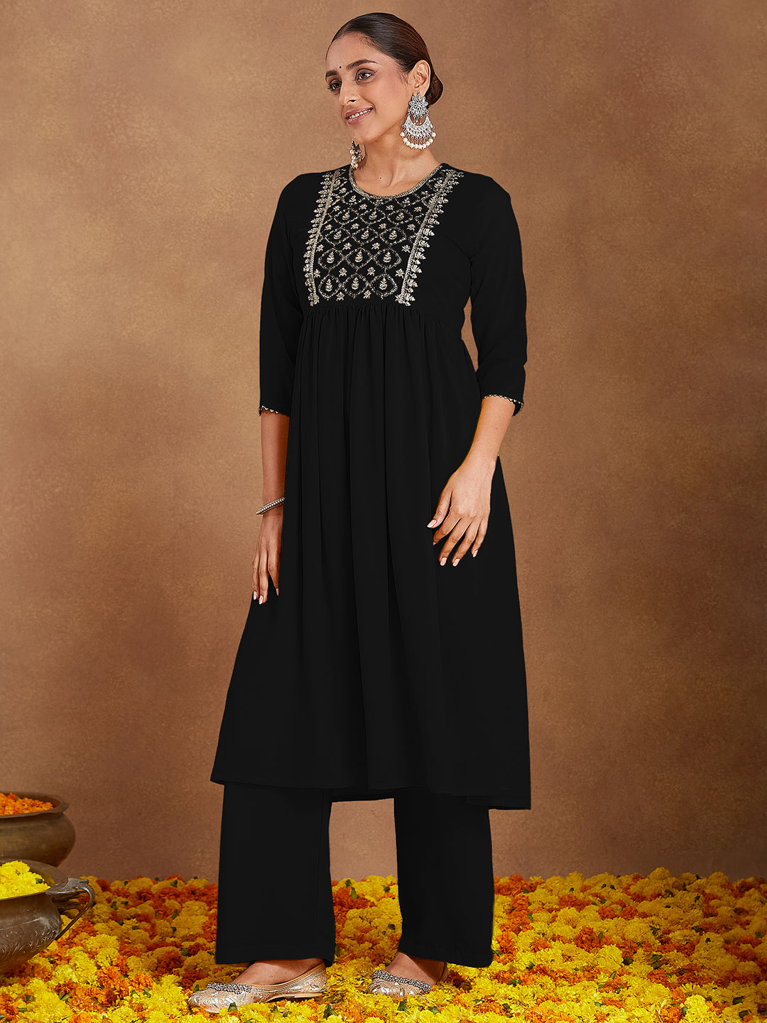 Ninnique Women's Black Georgette Zari Yoke Embroidered A-line Kurta With Palazzo & Dupatta Set
