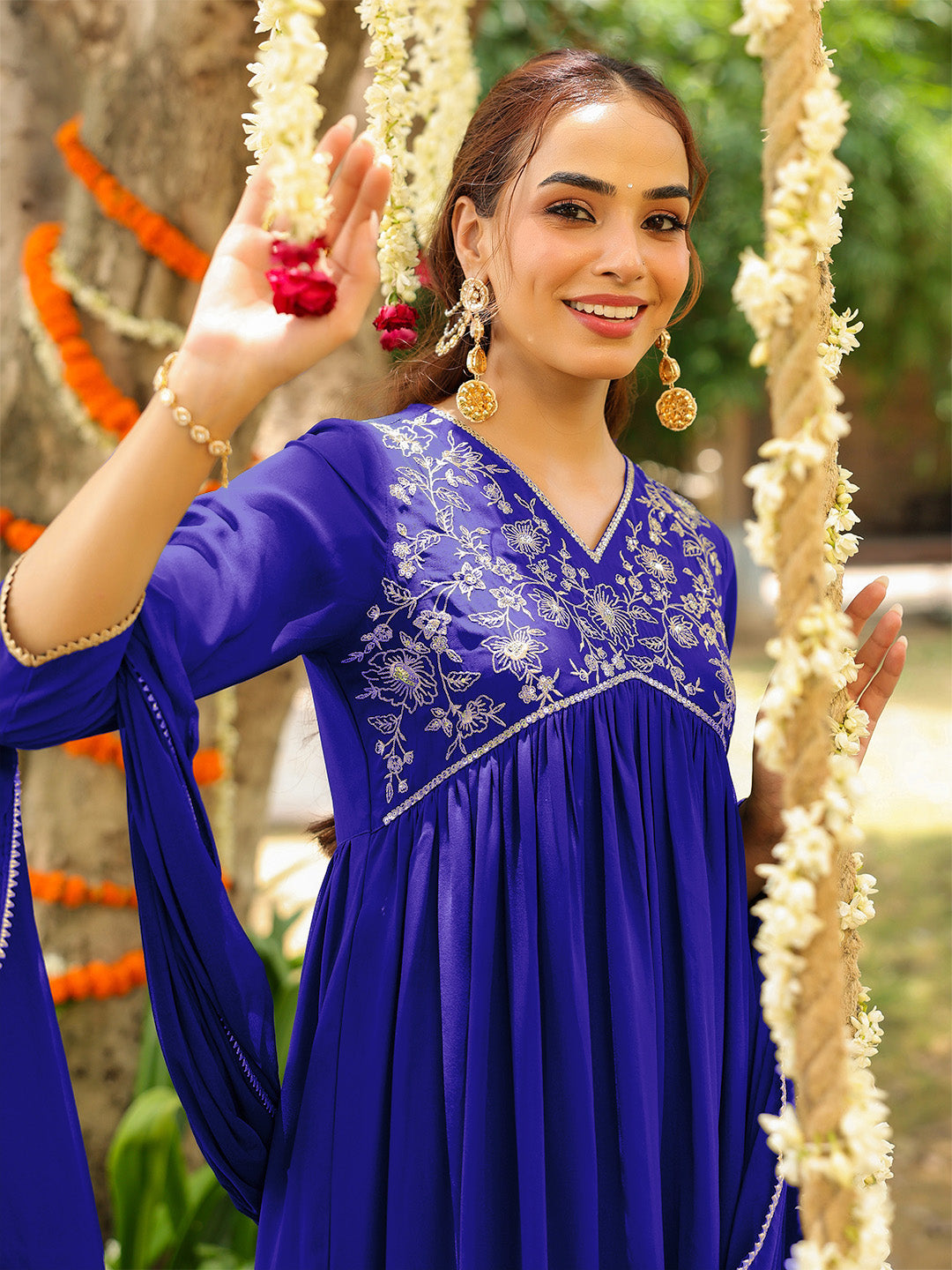 Ninnique Women's Royal Blue Georgette Zari Yoke Embroidered A-line Kurta With Palazzo & Dupatta Set
