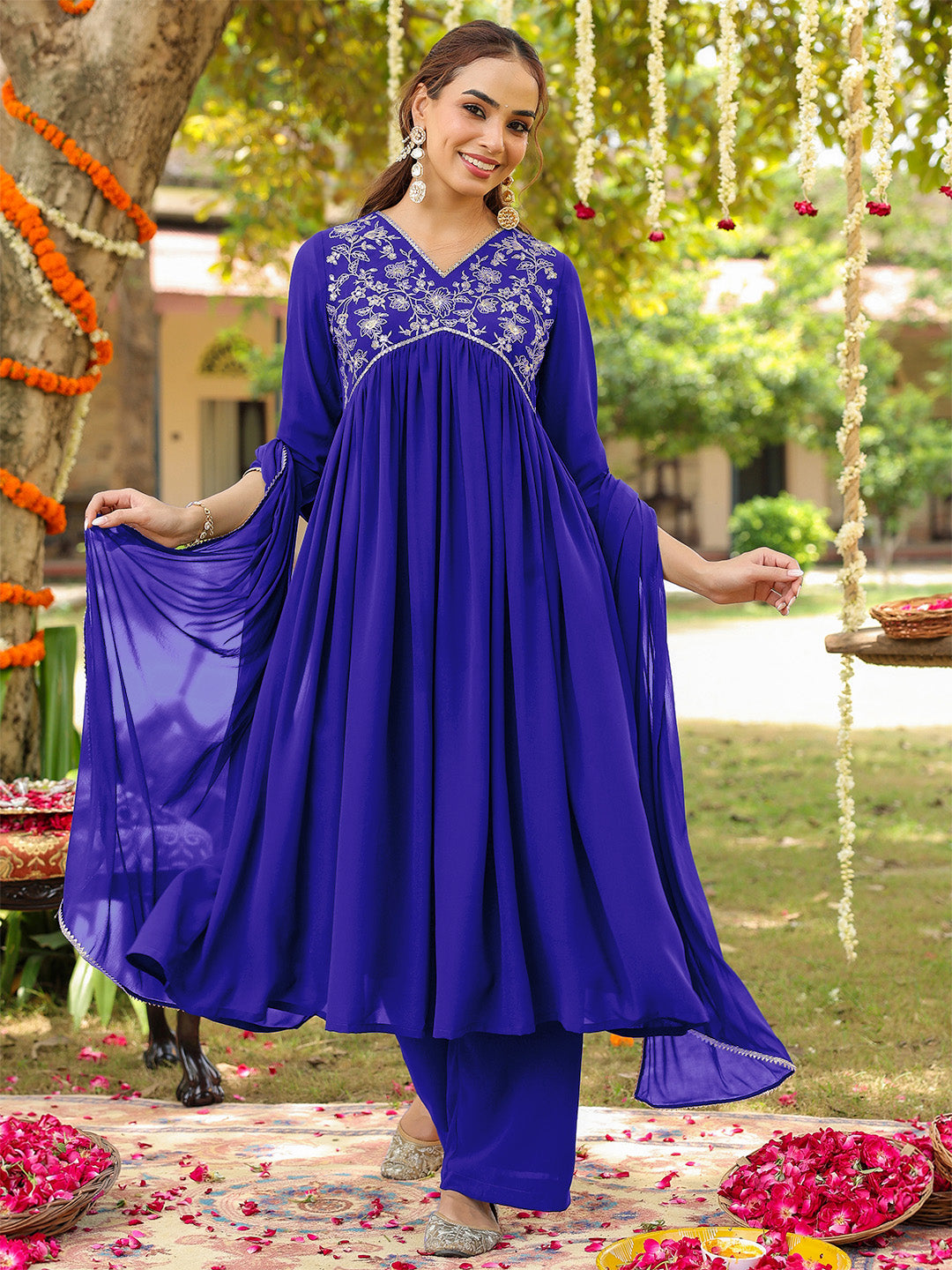 Ninnique Women's Royal Blue Georgette Zari Yoke Embroidered A-line Kurta With Palazzo & Dupatta Set