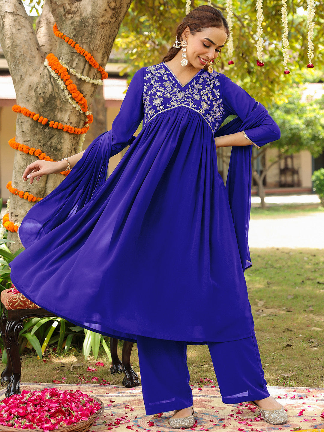 Ninnique Women's Royal Blue Georgette Zari Yoke Embroidered A-line Kurta With Palazzo & Dupatta Set