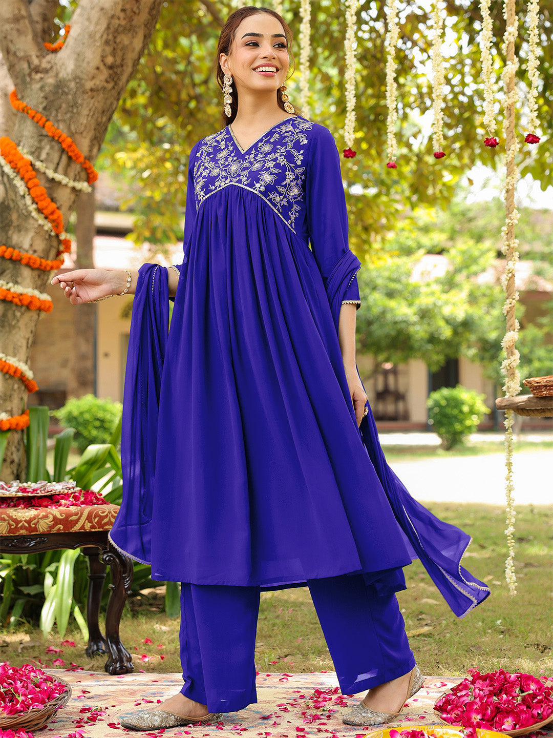 Ninnique Women's Royal Blue Georgette Zari Yoke Embroidered A-line Kurta With Palazzo & Dupatta Set