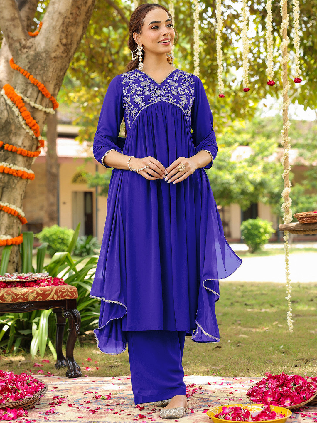 Ninnique Women's Royal Blue Georgette Zari Yoke Embroidered A-line Kurta With Palazzo & Dupatta Set