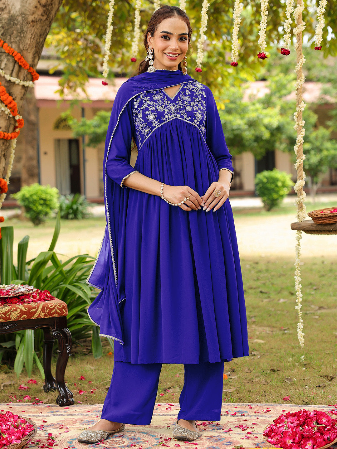 Ninnique Women's Royal Blue Georgette Zari Yoke Embroidered A-line Kurta With Palazzo & Dupatta Set