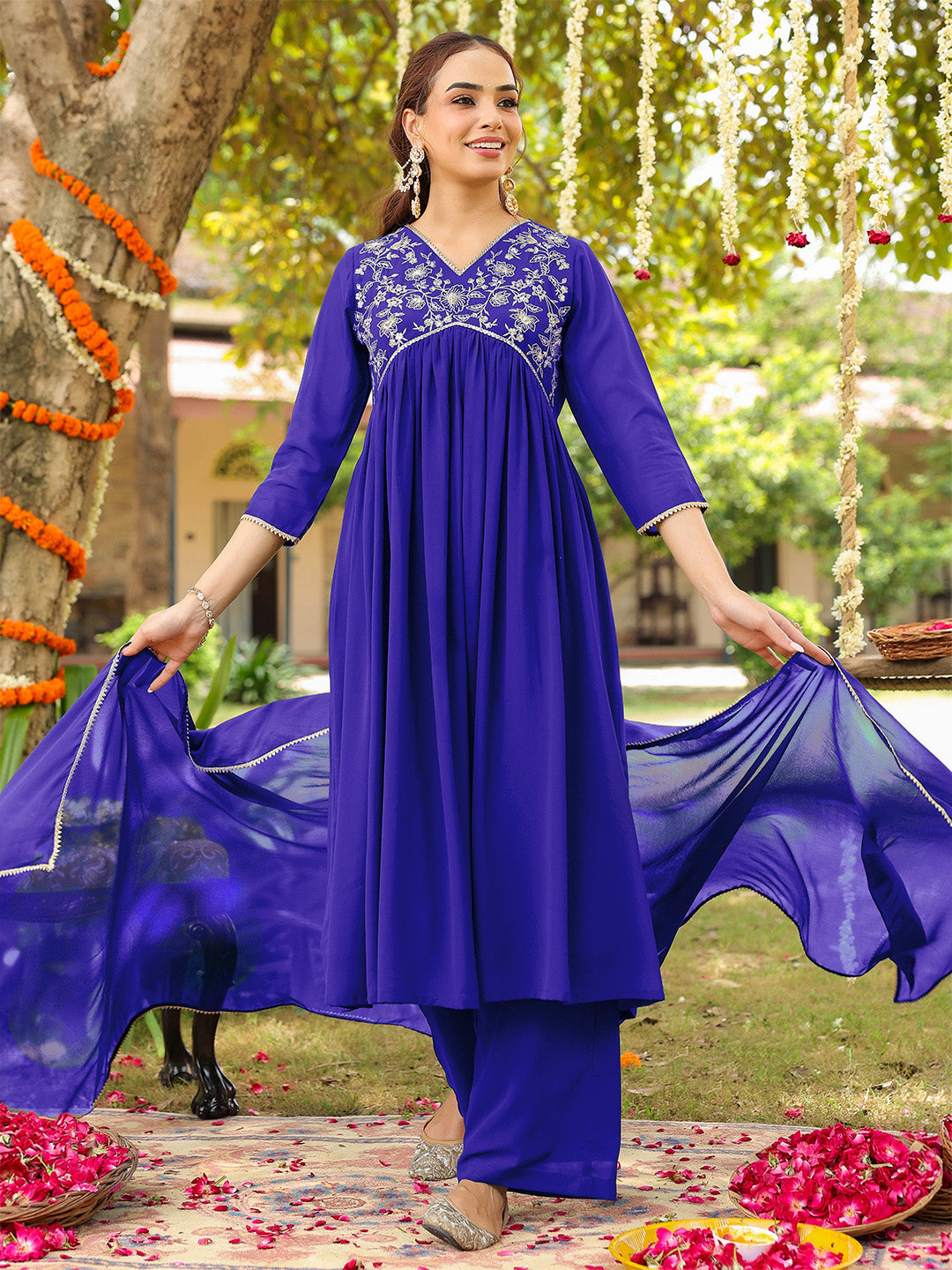 Ninnique Women's Royal Blue Georgette Zari Yoke Embroidered A-line Kurta With Palazzo & Dupatta Set