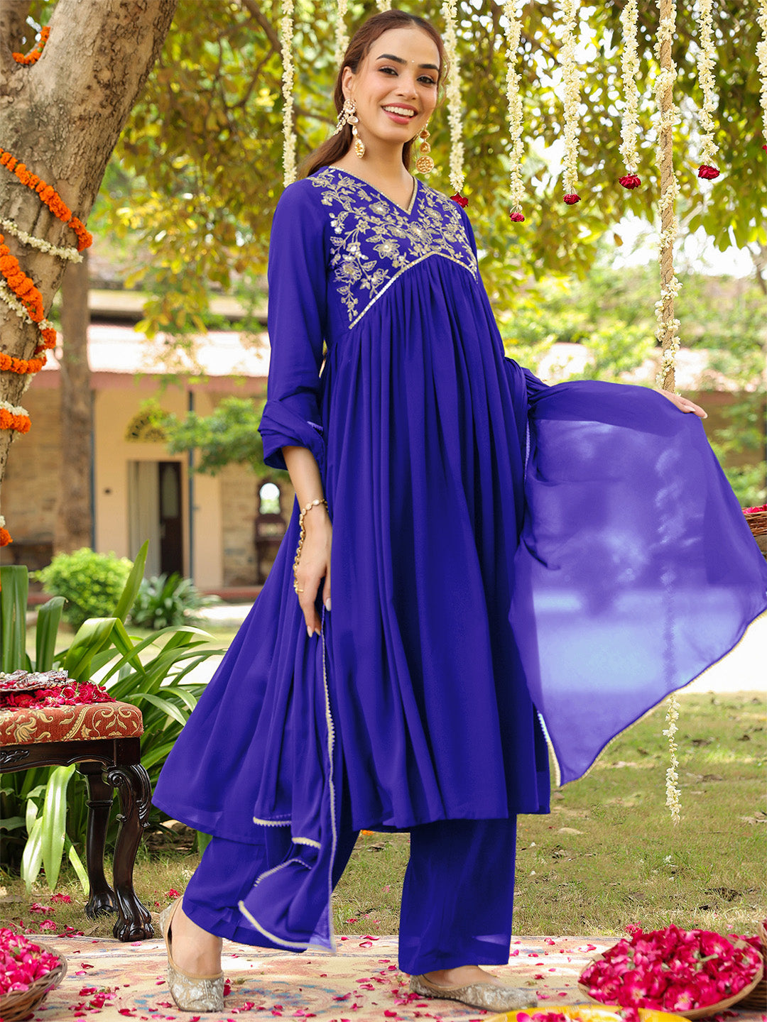 Ninnique Women's Royal Blue Georgette Zari Yoke Embroidered A-line Kurta With Palazzo & Dupatta Set