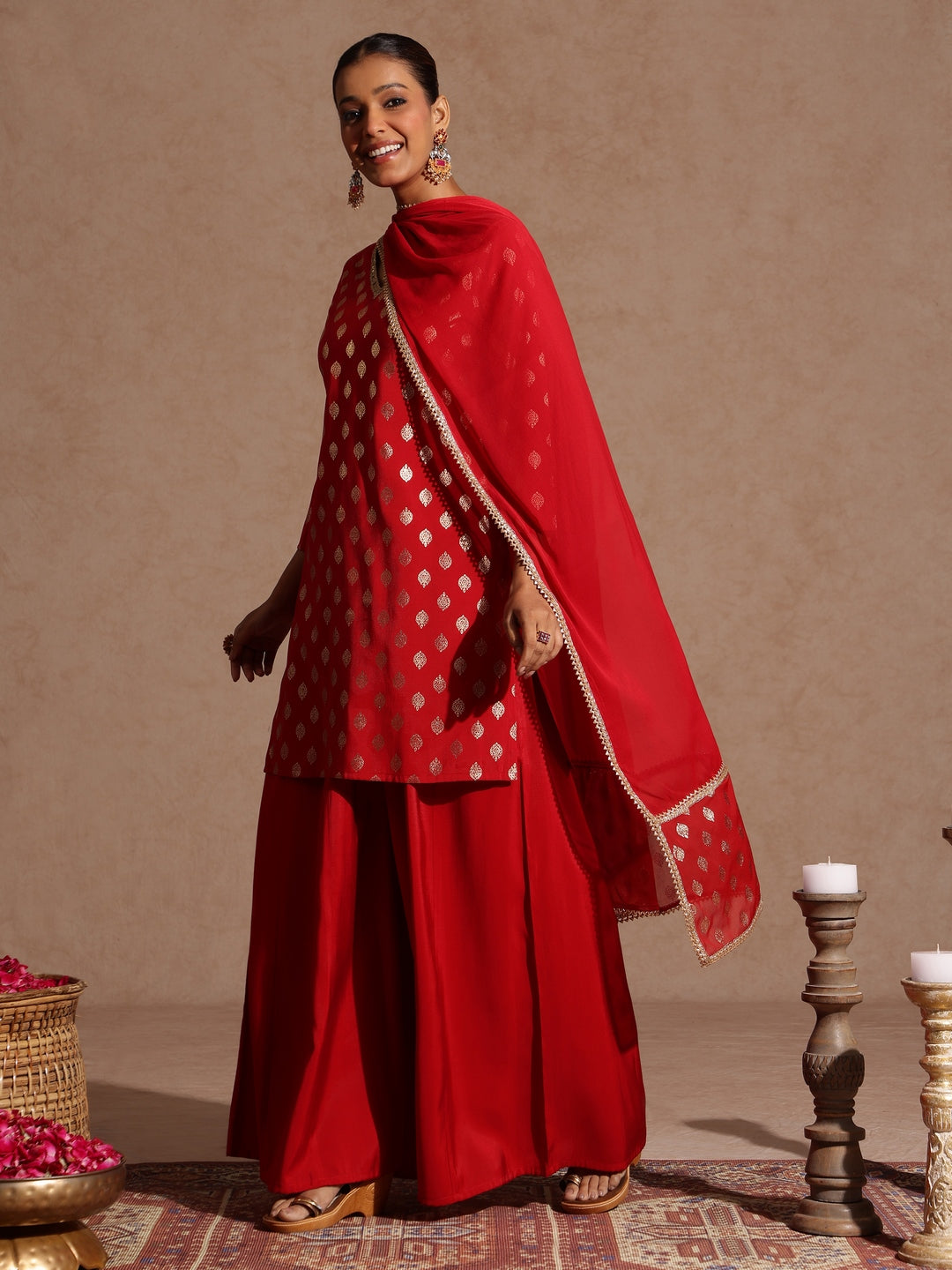 Ninnique Women's Maroon Chanderi Silk Embellished Gold Printed Kurta With Sharara & Dupatta Set