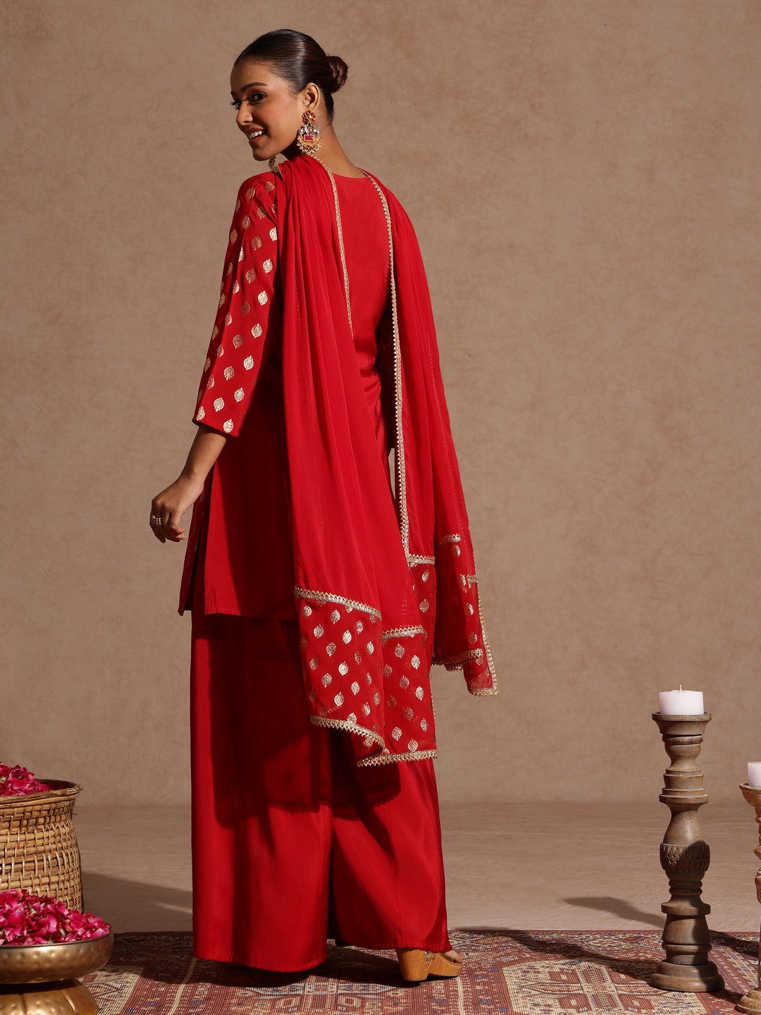 Ninnique Women's Maroon Chanderi Silk Embellished Gold Printed Kurta With Sharara & Dupatta Set