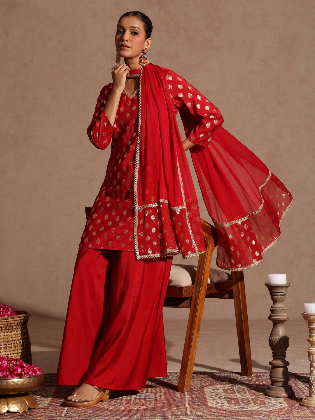 Ninnique Women's Maroon Chanderi Silk Embellished Gold Printed Kurta With Sharara & Dupatta Set