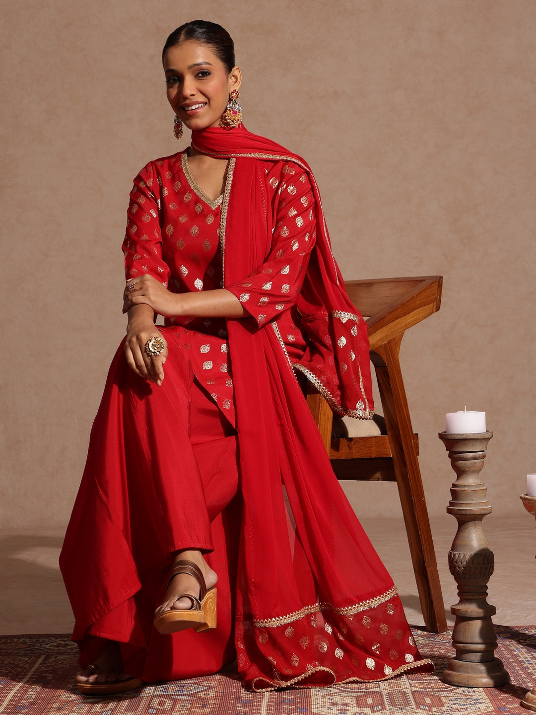 Ninnique Women's Maroon Chanderi Silk Embellished Gold Printed Kurta With Sharara & Dupatta Set