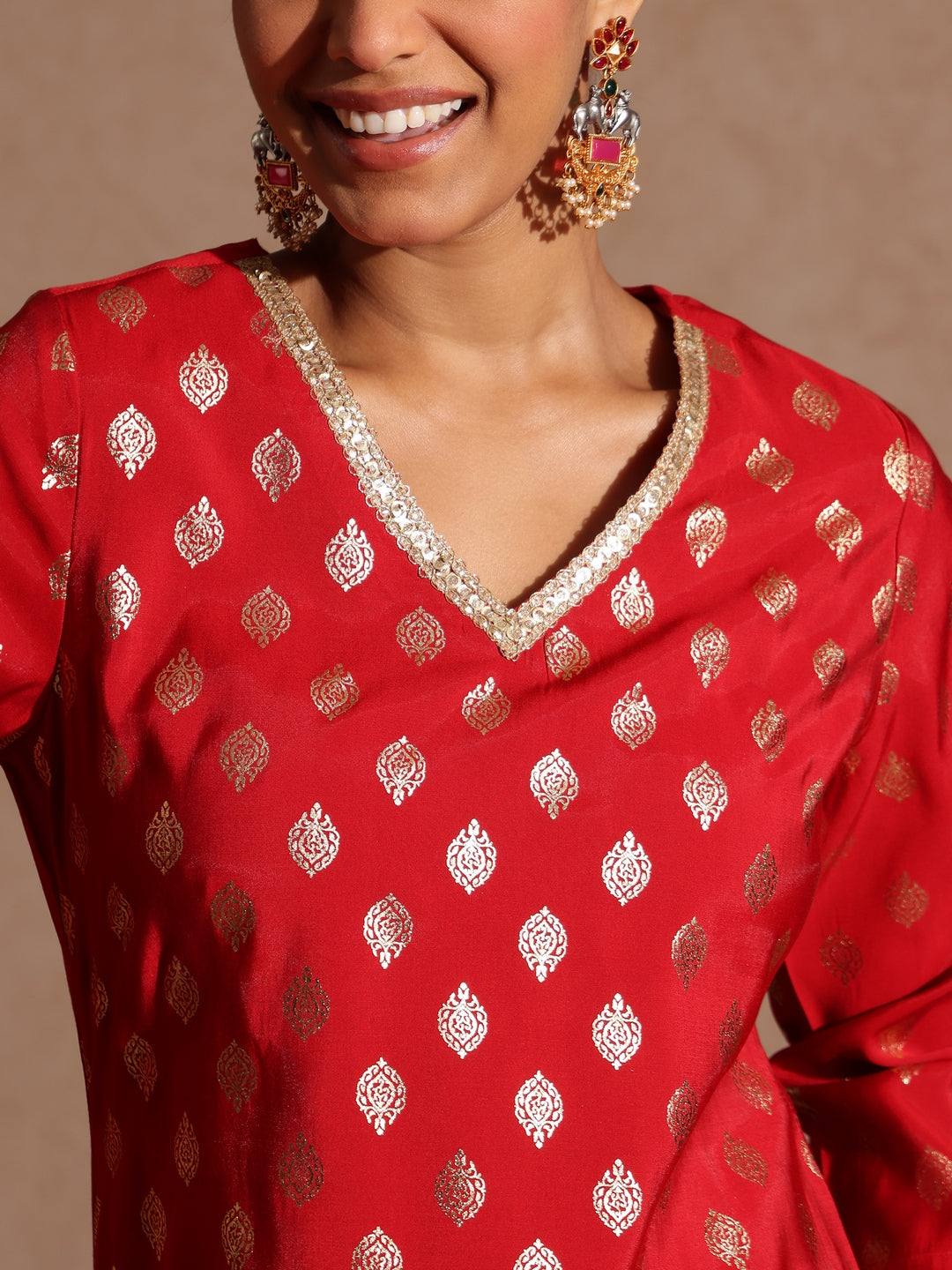 Ninnique Women's Maroon Chanderi Silk Embellished Gold Printed Kurta With Sharara & Dupatta Set