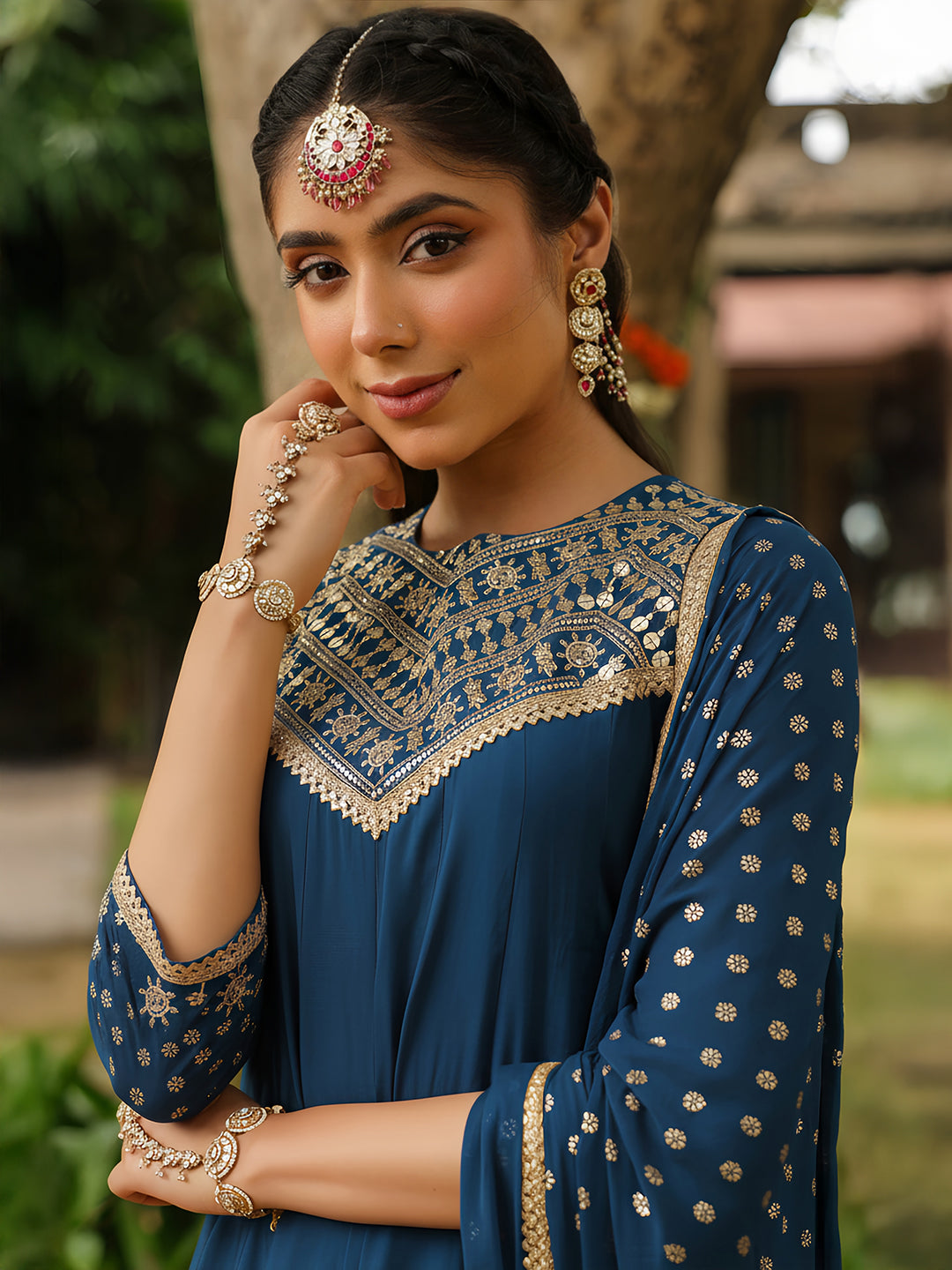 Ninnique Women Teal Blue Chanderi Silk Embellished Anarkali Kurta Set With Dupatta