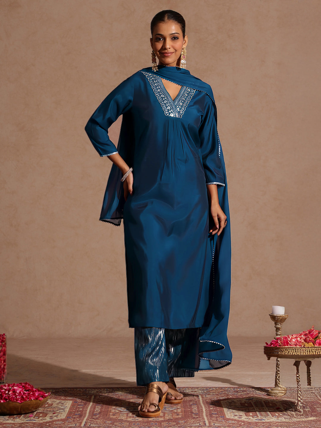 Ninnique Women's Teal Blue Chanderi Silk Embellished Straight Kurta Set