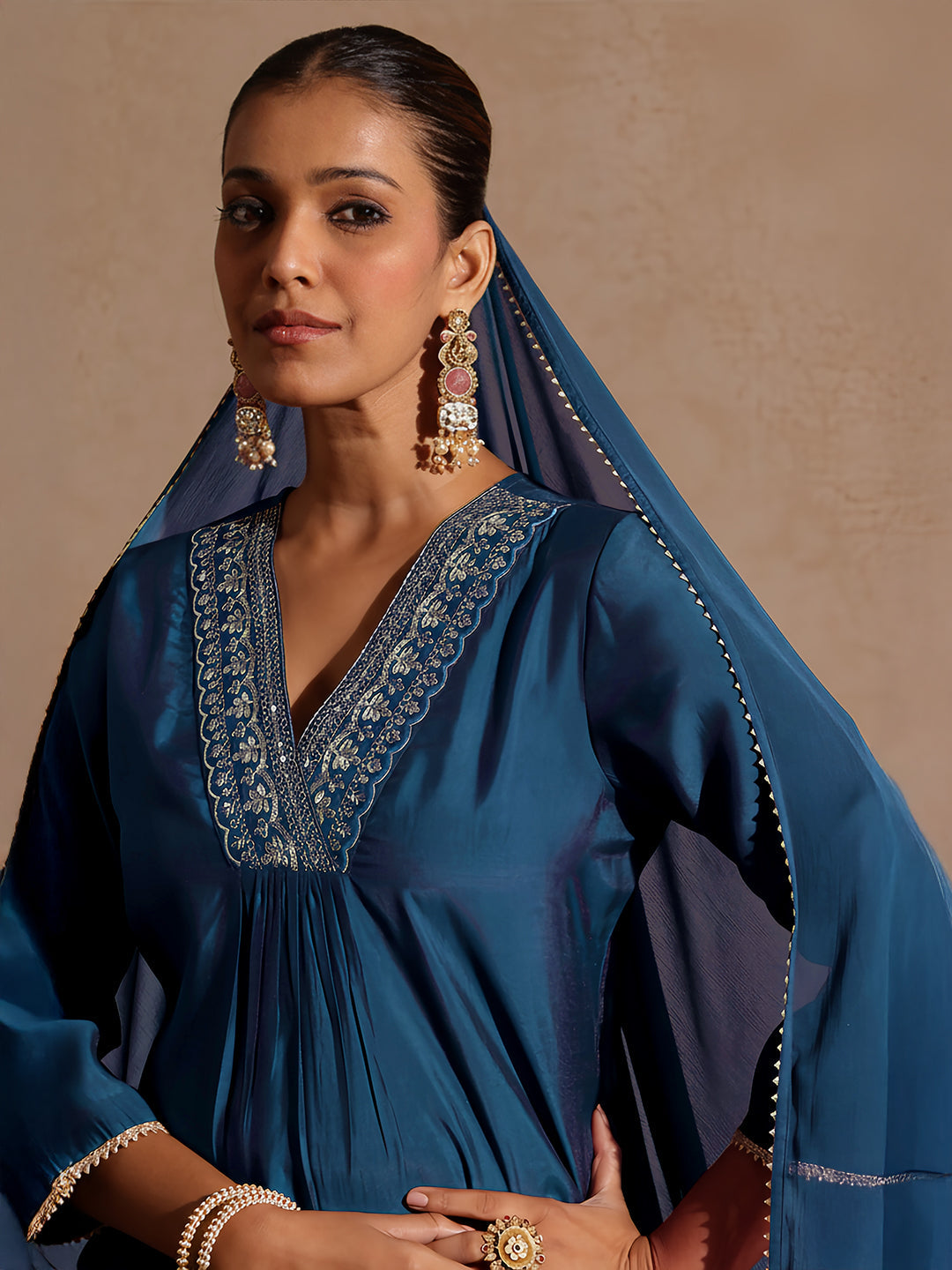 Ninnique Women's Teal Blue Chanderi Silk Embellished Straight Kurta Set