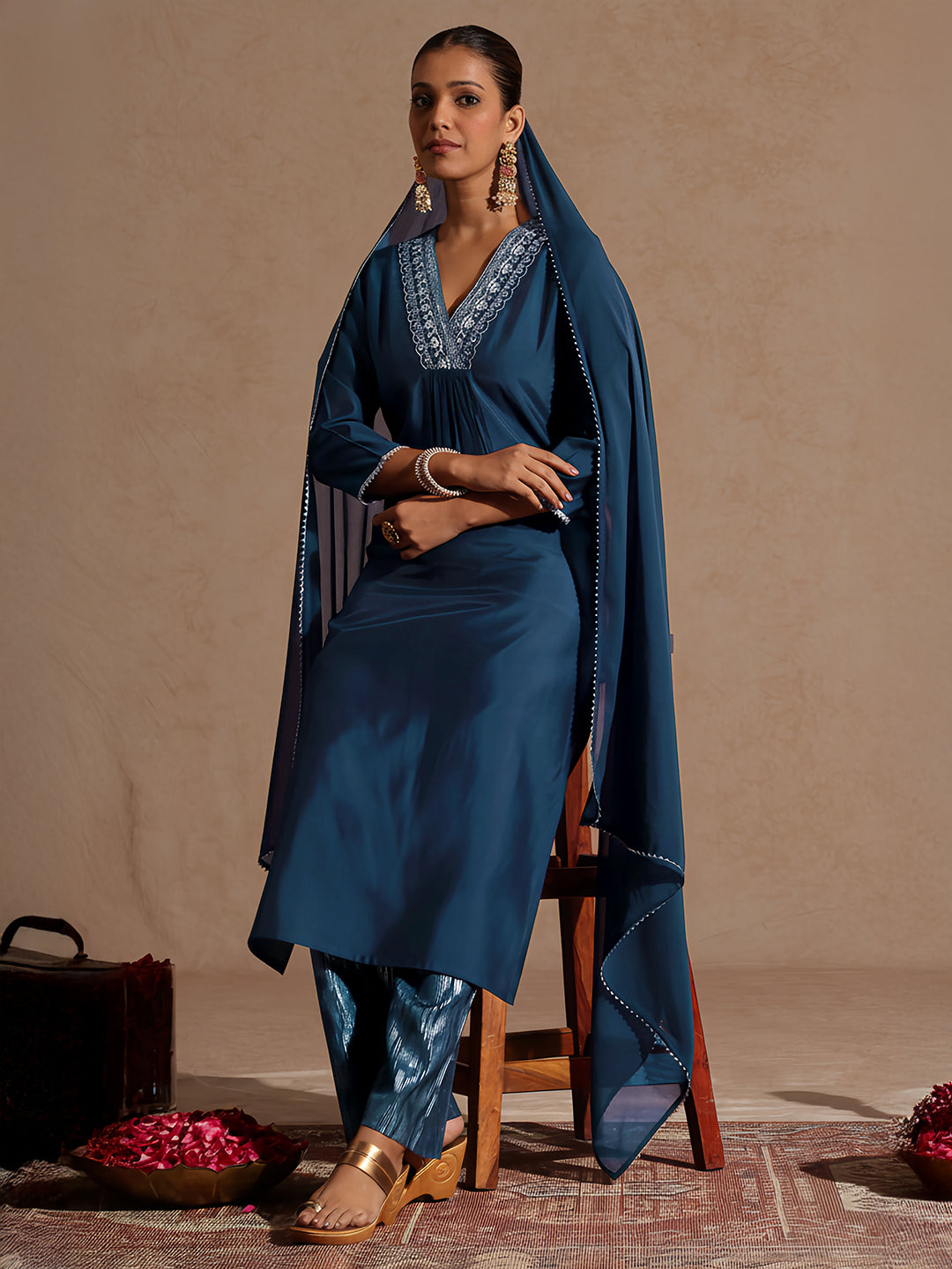 Ninnique Women's Teal Blue Chanderi Silk Embellished Straight Kurta Set