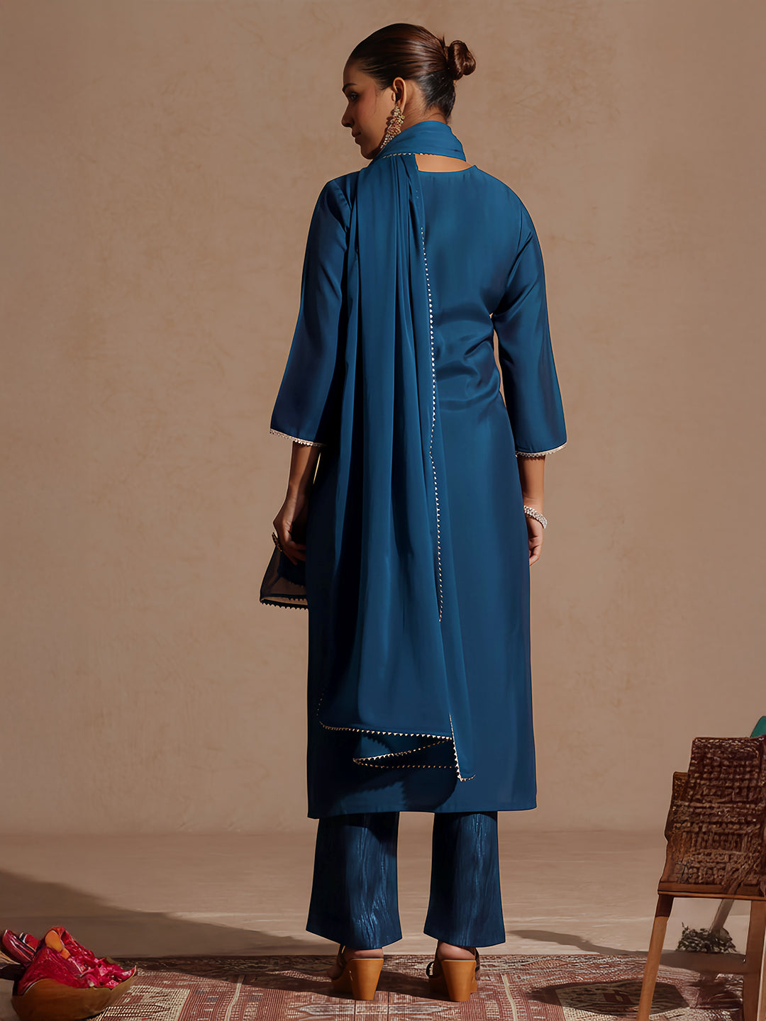 Ninnique Women's Teal Blue Chanderi Silk Embellished Straight Kurta Set