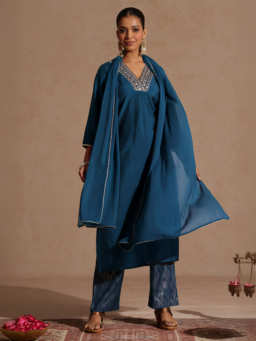 Ninnique Women's Teal Blue Chanderi Silk Embellished Straight Kurta Set