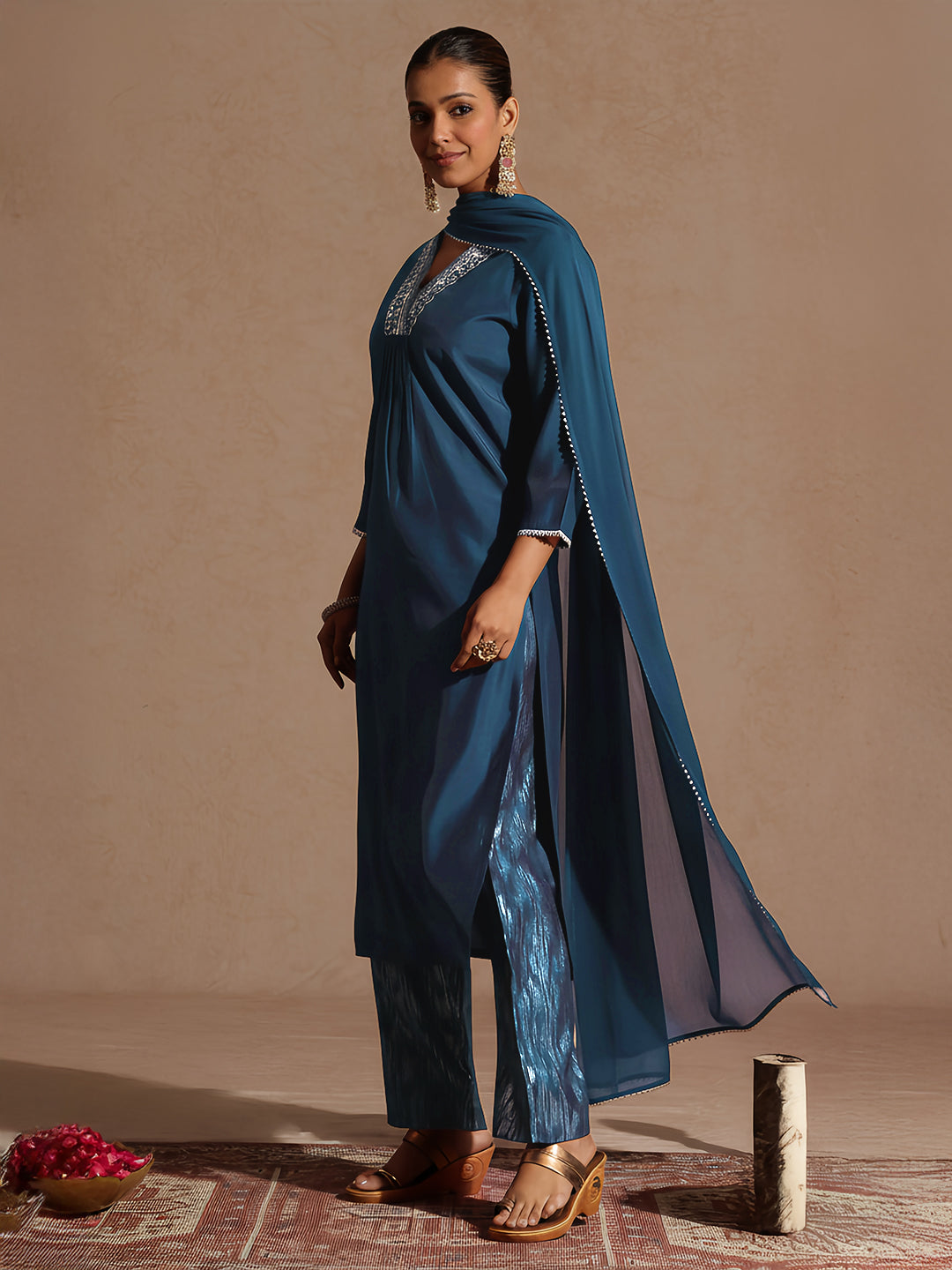 Ninnique Women's Teal Blue Chanderi Silk Embellished Straight Kurta Set