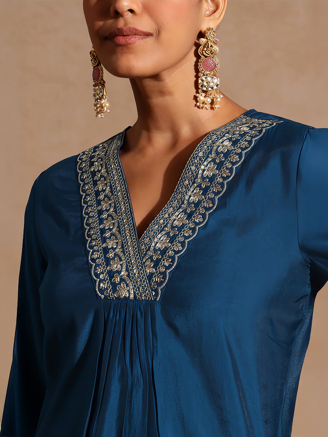 Ninnique Women's Teal Blue Chanderi Silk Embellished Straight Kurta Set