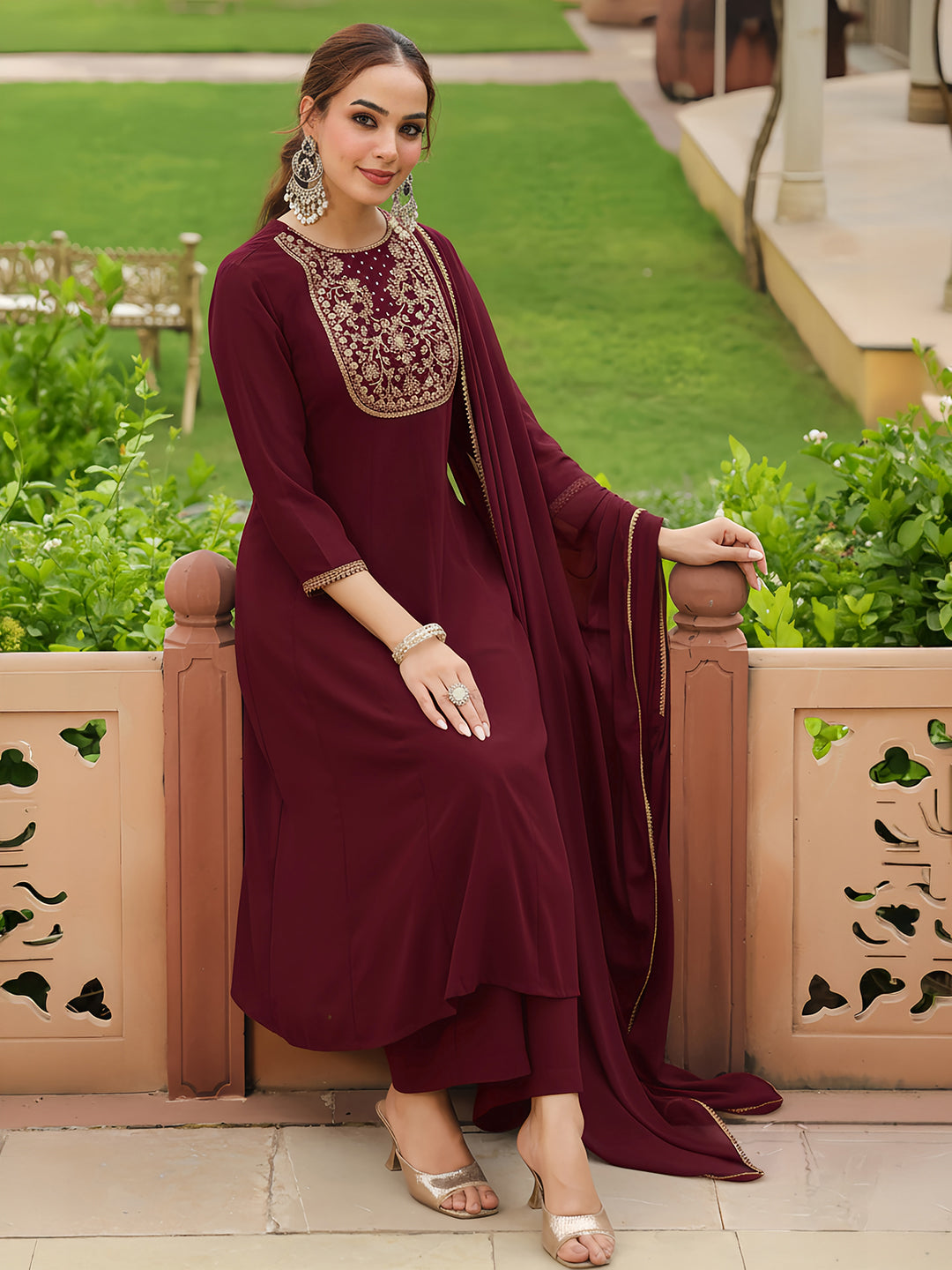 Ninnique Women's Maroon Georgette Zari Yoke Embroidered Anarkali Kurta With Palazzo & Dupatta Set