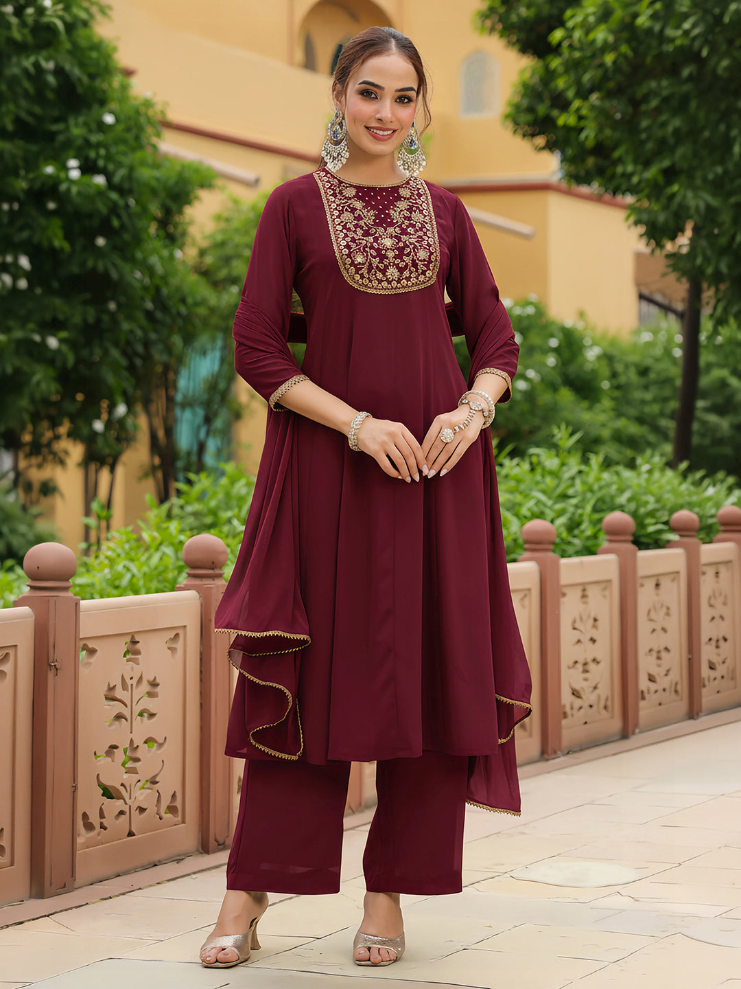 Ninnique Women's Maroon Georgette Zari Yoke Embroidered Anarkali Kurta With Palazzo & Dupatta Set
