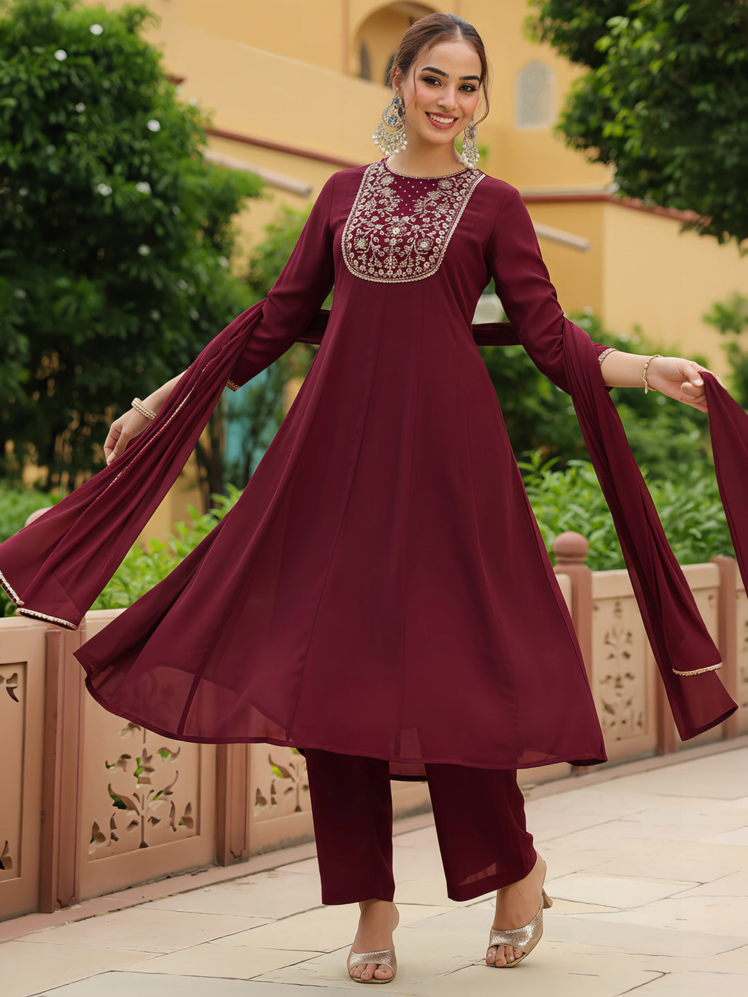 Ninnique Women's Maroon Georgette Zari Yoke Embroidered Anarkali Kurta With Palazzo & Dupatta Set