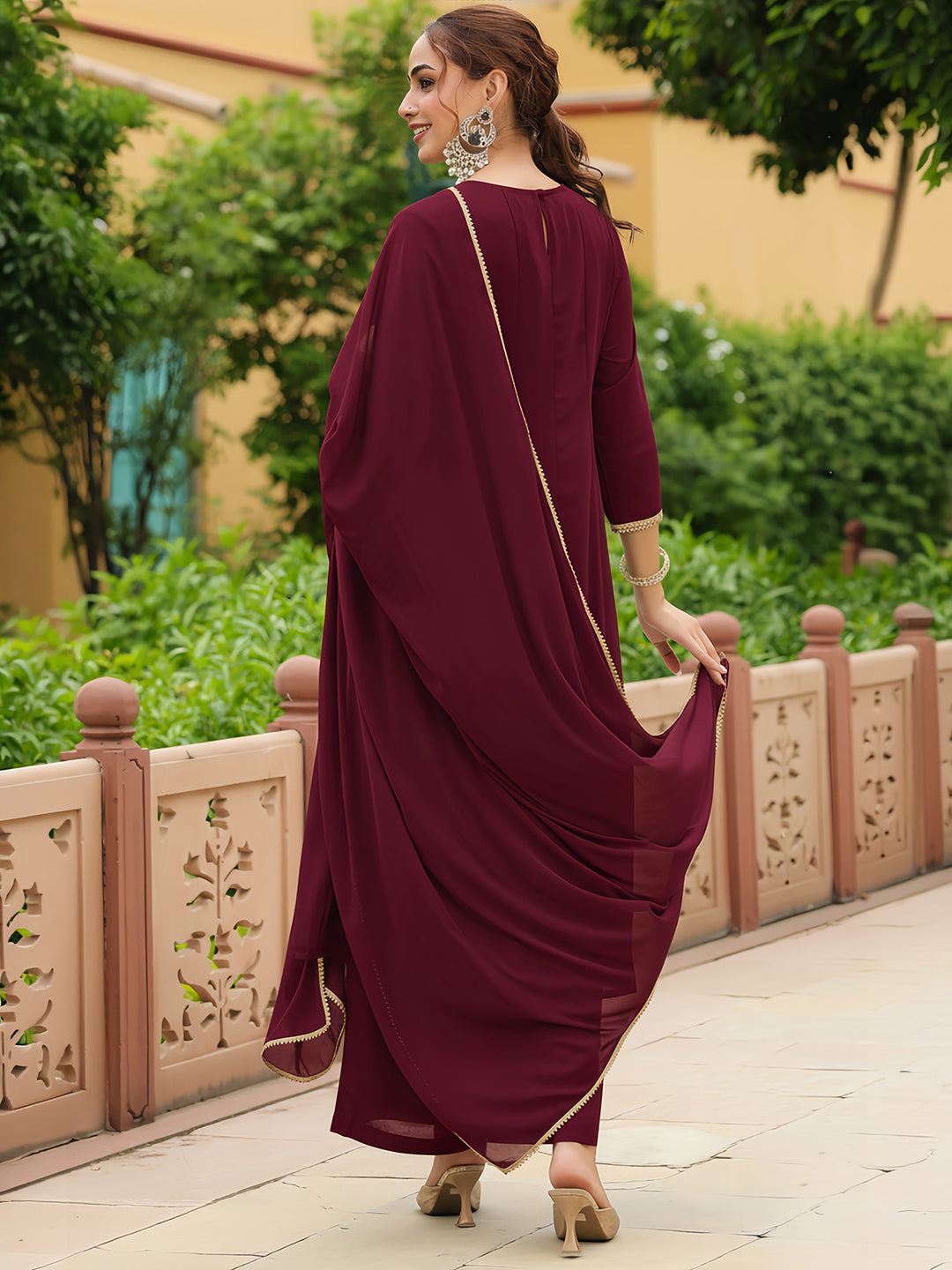 Ninnique Women's Maroon Georgette Zari Yoke Embroidered Anarkali Kurta With Palazzo & Dupatta Set