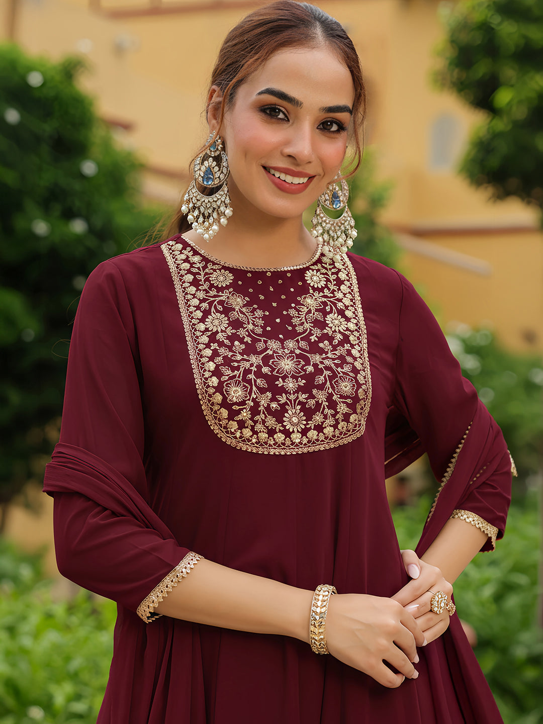 Ninnique Women's Maroon Georgette Zari Yoke Embroidered Anarkali Kurta With Palazzo & Dupatta Set