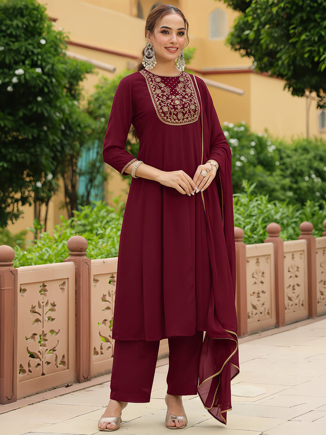 Ninnique Women's Maroon Georgette Zari Yoke Embroidered Anarkali Kurta With Palazzo & Dupatta Set