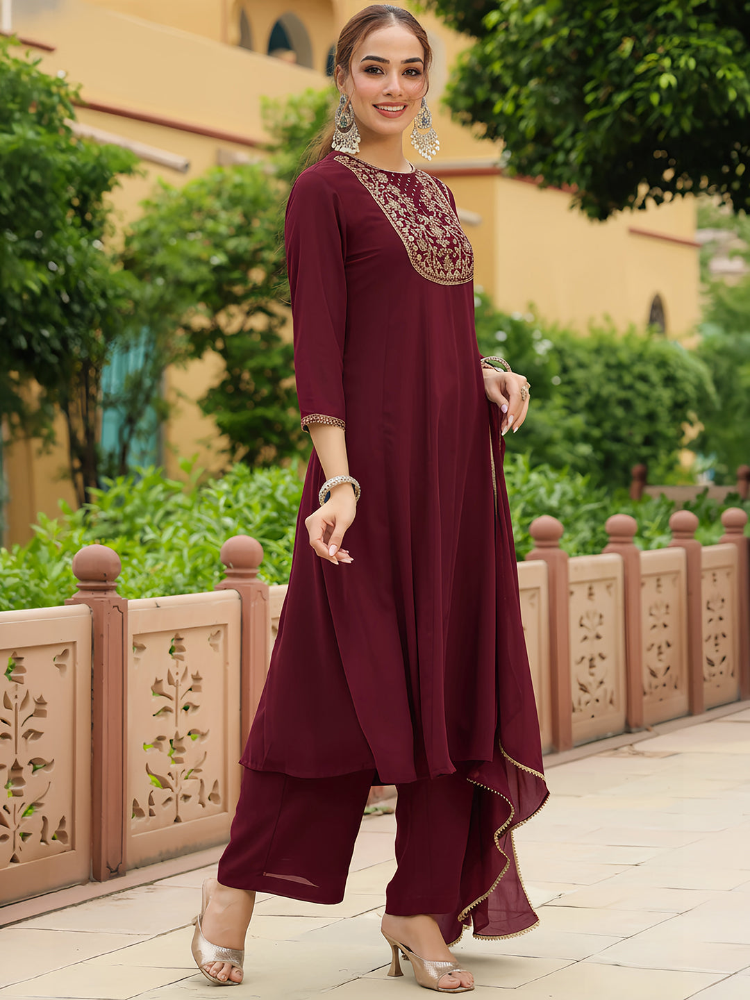 Ninnique Women's Maroon Georgette Zari Yoke Embroidered Anarkali Kurta With Palazzo & Dupatta Set