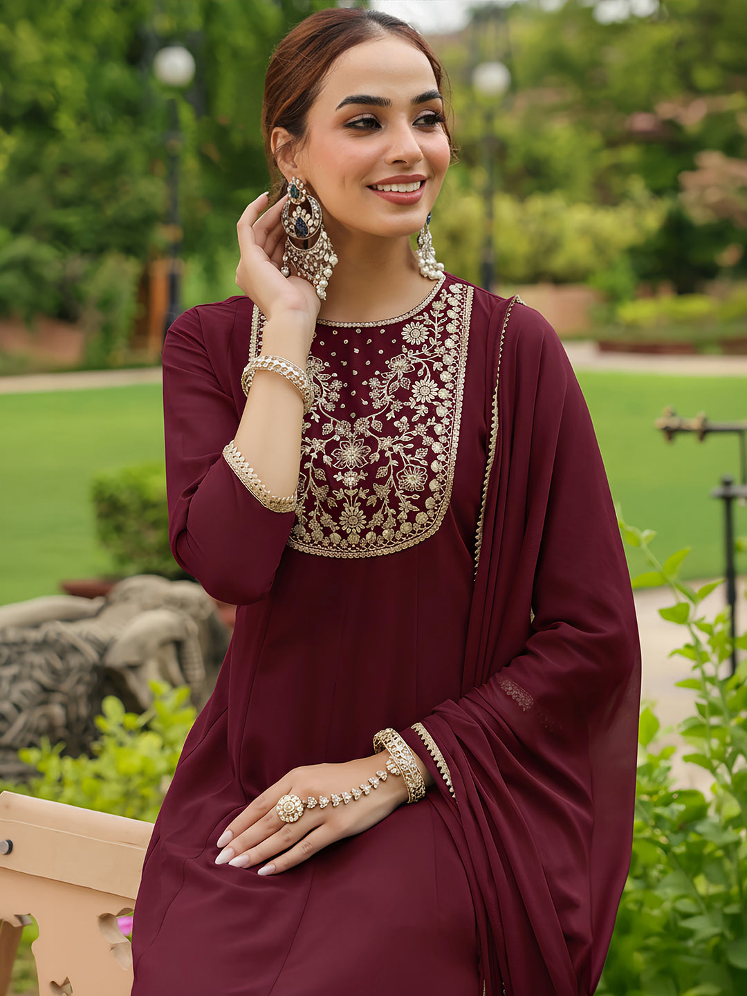 Ninnique Women's Maroon Georgette Zari Yoke Embroidered Anarkali Kurta With Palazzo & Dupatta Set