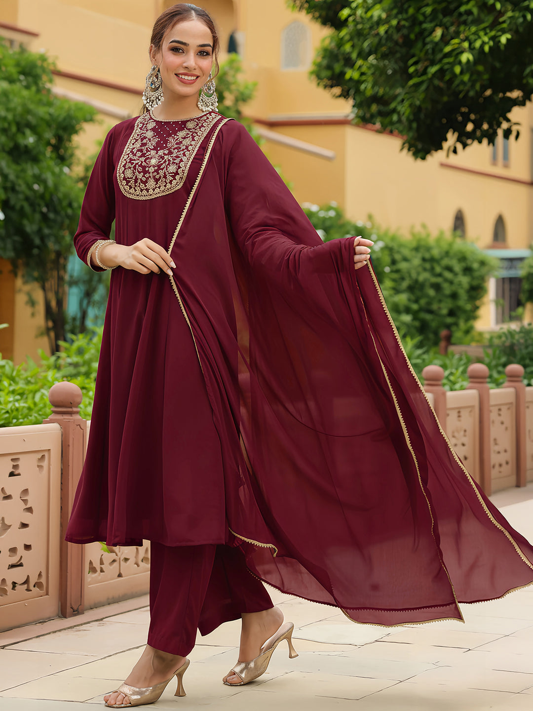 Ninnique Women's Maroon Georgette Zari Yoke Embroidered Anarkali Kurta With Palazzo & Dupatta Set