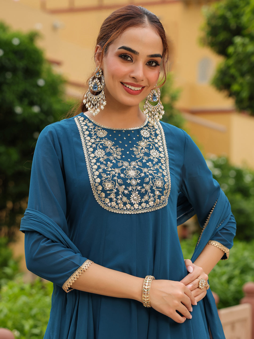 Ninnique Women's Teal Georgette Zari Yoke Embroidered Anarkali Kurta Set With Dupatta