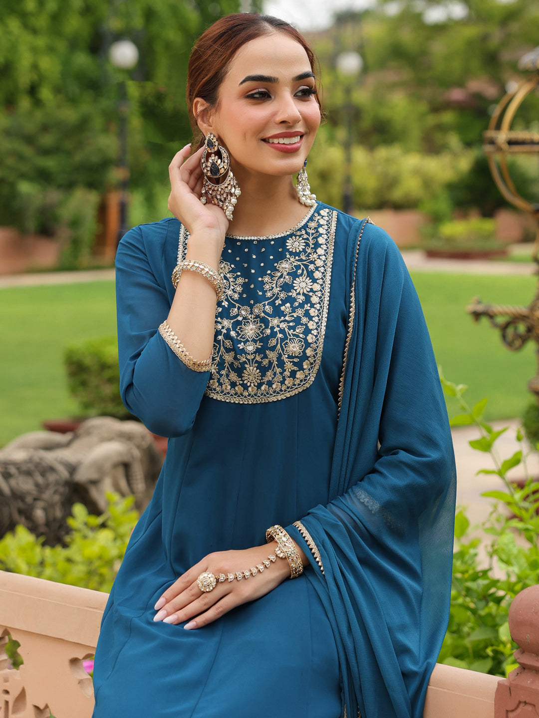 Ninnique Women's Teal Georgette Zari Yoke Embroidered Anarkali Kurta Set With Dupatta