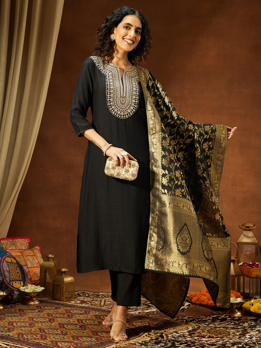 Ninnique Women's Black Silk Blend Yoke Embroidered Straight Kurta Set