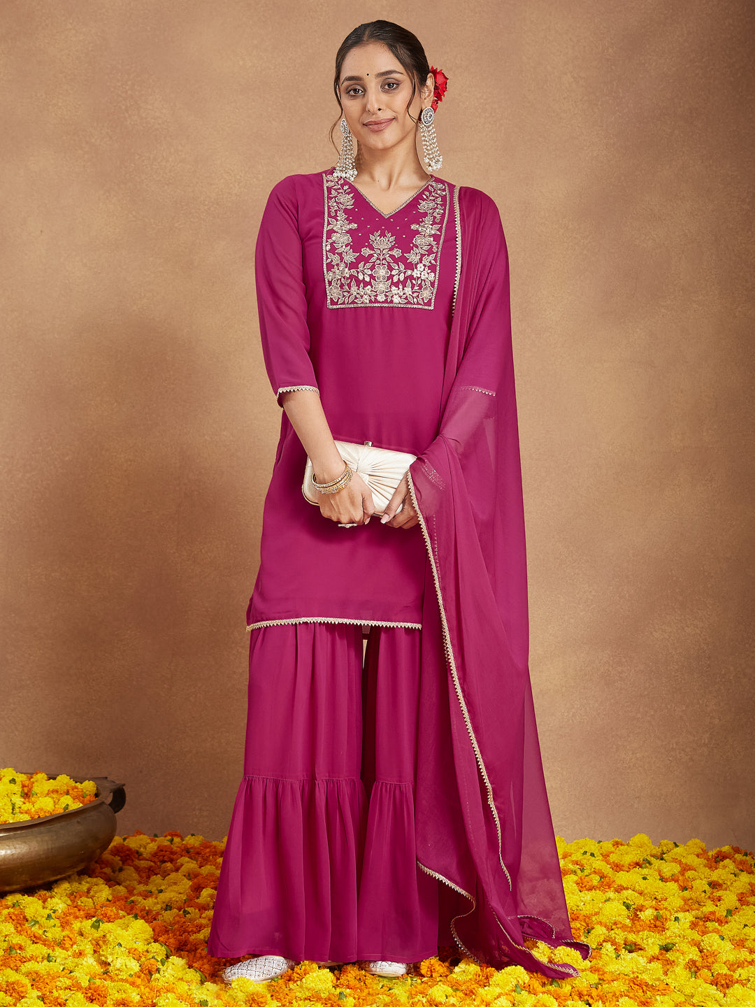 Ninnique Women's Pink Georgette Embroidered Straight Kurta With Sharara & Dupatta Set