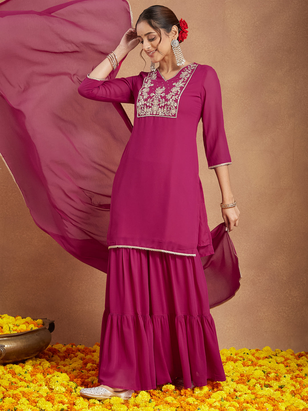Ninnique Women's Pink Georgette Embroidered Straight Kurta With Sharara & Dupatta Set