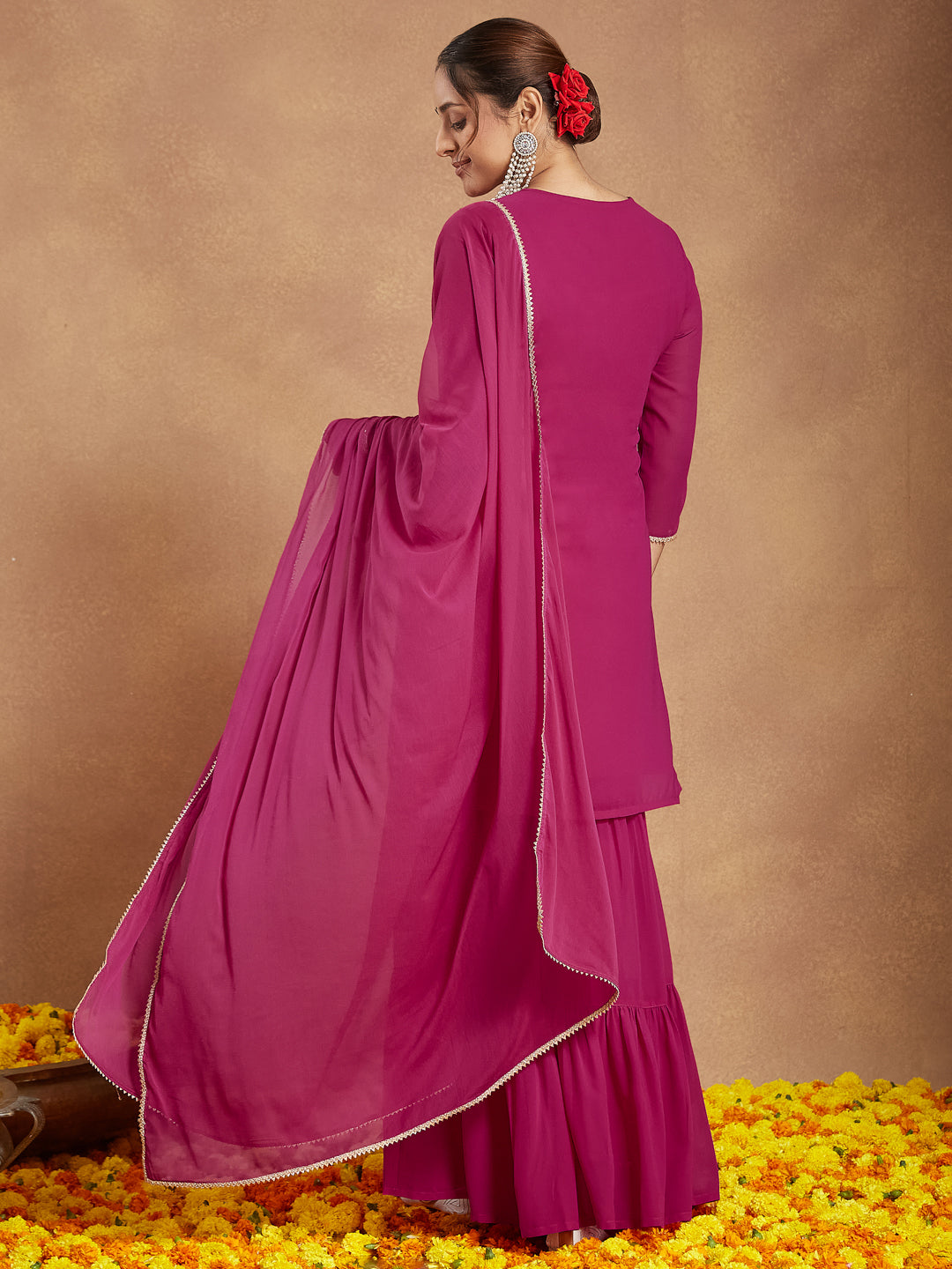 Ninnique Women's Pink Georgette Embroidered Straight Kurta With Sharara & Dupatta Set
