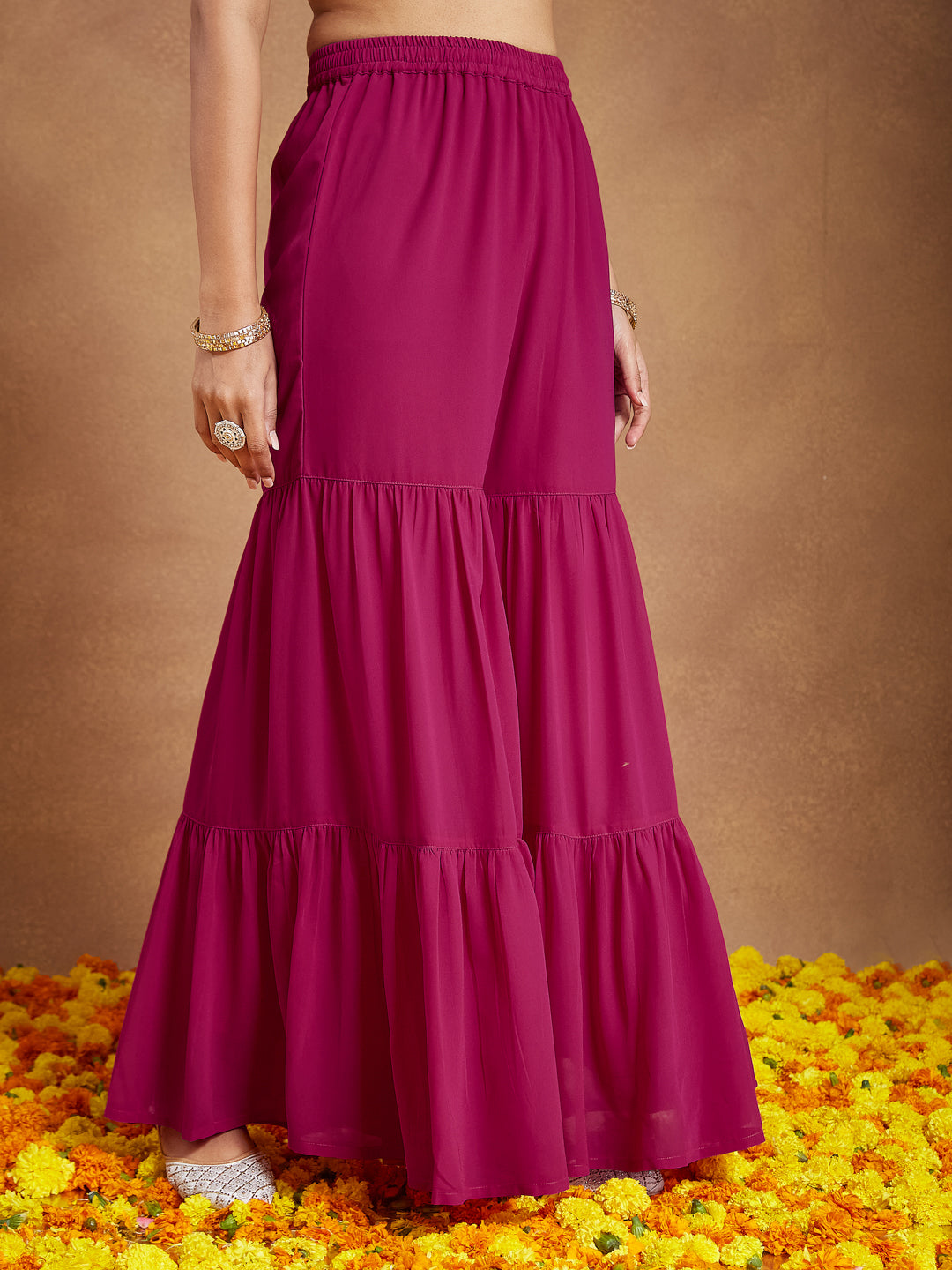 Ninnique Women's Pink Georgette Embroidered Straight Kurta With Sharara & Dupatta Set